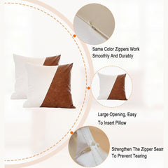 Modern Faux Leather & Linen Throw Pillow Cover (Brown & White).