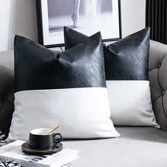 Modern Black Faux Leather & Cotton Throw Pillow Cover