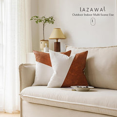 Modern Faux Leather & Linen Throw Pillow Cover (Brown & White).