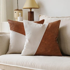 Modern Faux Leather & Linen Throw Pillow Cover (Brown & White).