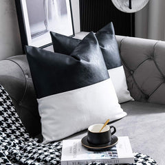 Modern Black Faux Leather & Cotton Throw Pillow Cover