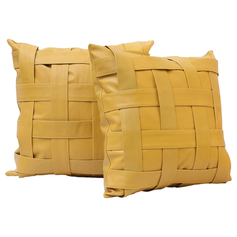 Luxury Hand Stitched Yellow Weave Pillow Cushion Cover - 20" x 20" Full Grain Cow Leather (A+ Grade)
