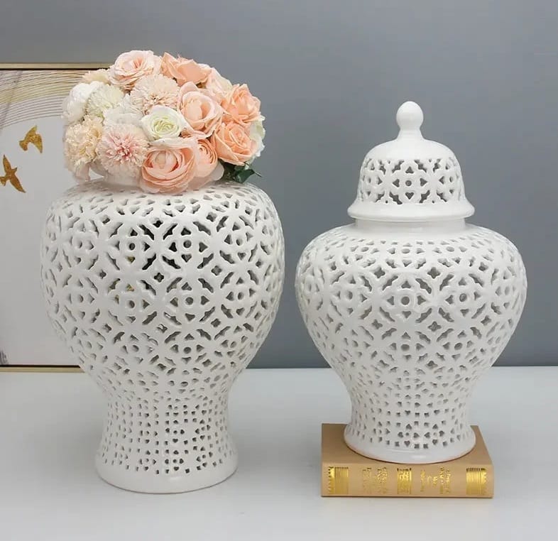 White Ginger Jar with Lid Hollowed Out Ceramic Vase for Living Room