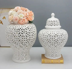 White Ginger Jar with Lid Hollowed Out Ceramic Vase for Living Room